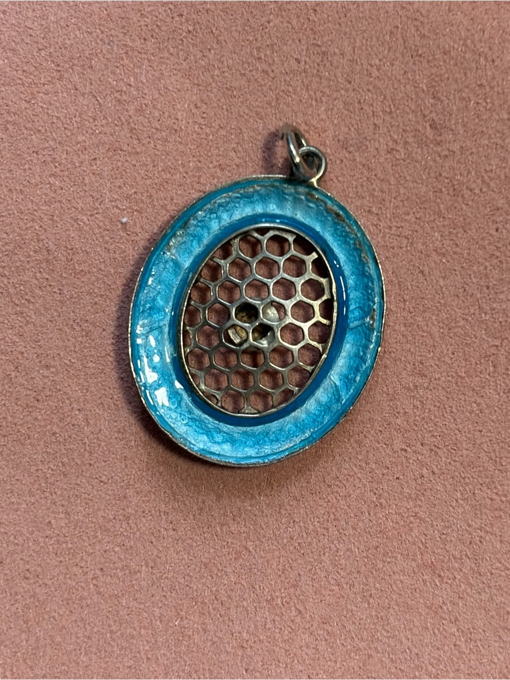Art Deco Sterling Silver Light Blue Guilloche Enamel, Glass CabochonOval pendant - Picture 8 of 9
